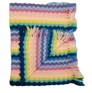 Vintage Crochet Afghan Blanket Throw Chevron Rainbow 43x67 Nursery Spring Fringe